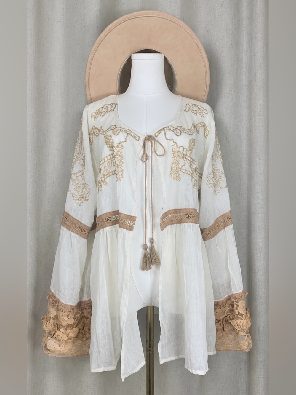 Sacred Threads Ivory Tunic with Tan Embroidery & Tassel Tie